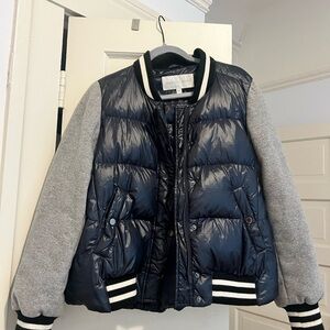 Veronica Beard Navy and Gray Puffer Varsity Jacket